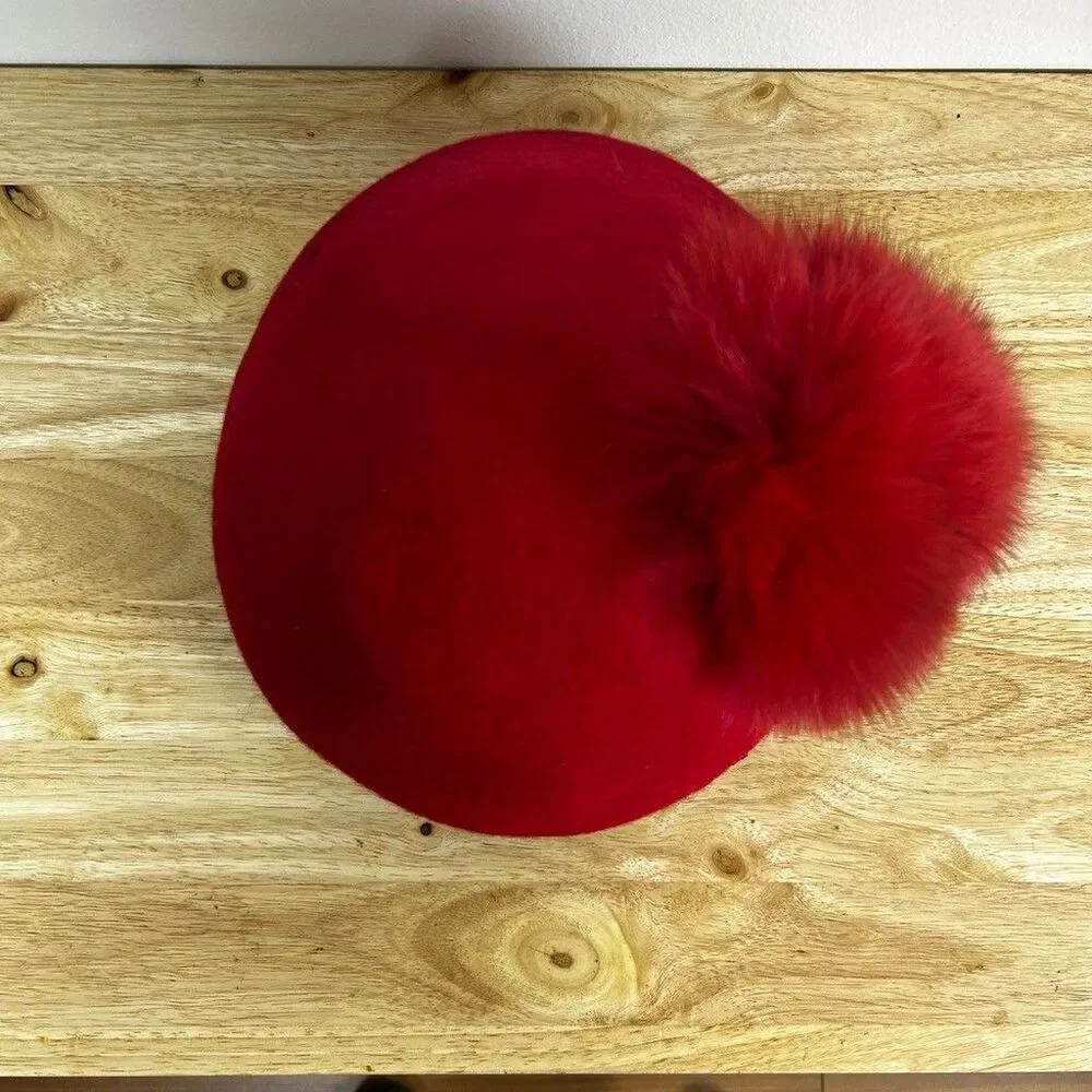 Vintage Joe Bill Miller Red Wool Cloche Hat Michael Howard Fur Pom Trim USA